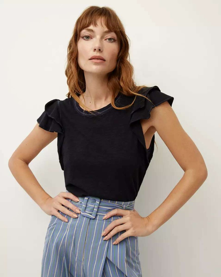 Clothing * | Veronica Beard Akeela Ruffled-Shoulder Tee Navy