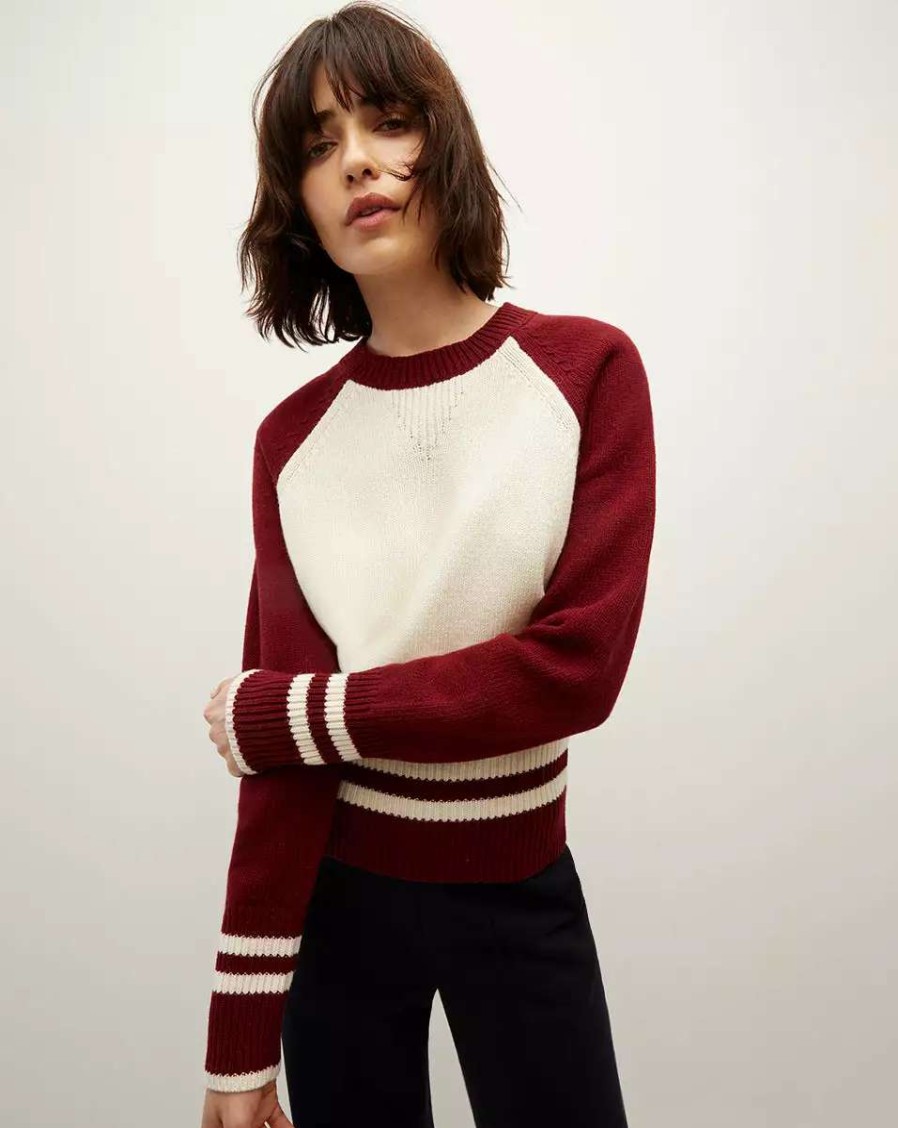 Clothing * | Veronica Beard Ralie Raglan-Sleeve Pullover Ivory/Maroon