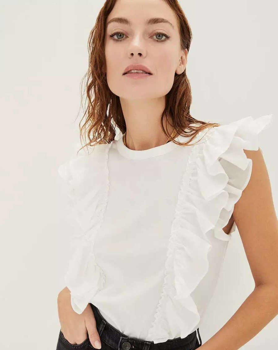 Clothing * | Veronica Beard Bardot Ruffle Tee White