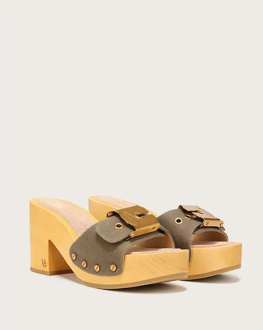 Shoes * | Veronica Beard Hula Canvas Block-Heel Sandal Khaki