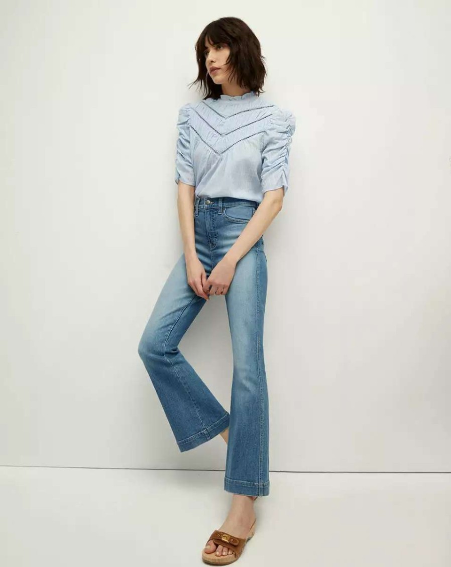 Clothing * | Veronica Beard Frasier Ruffled-Neck Top Blue Mist