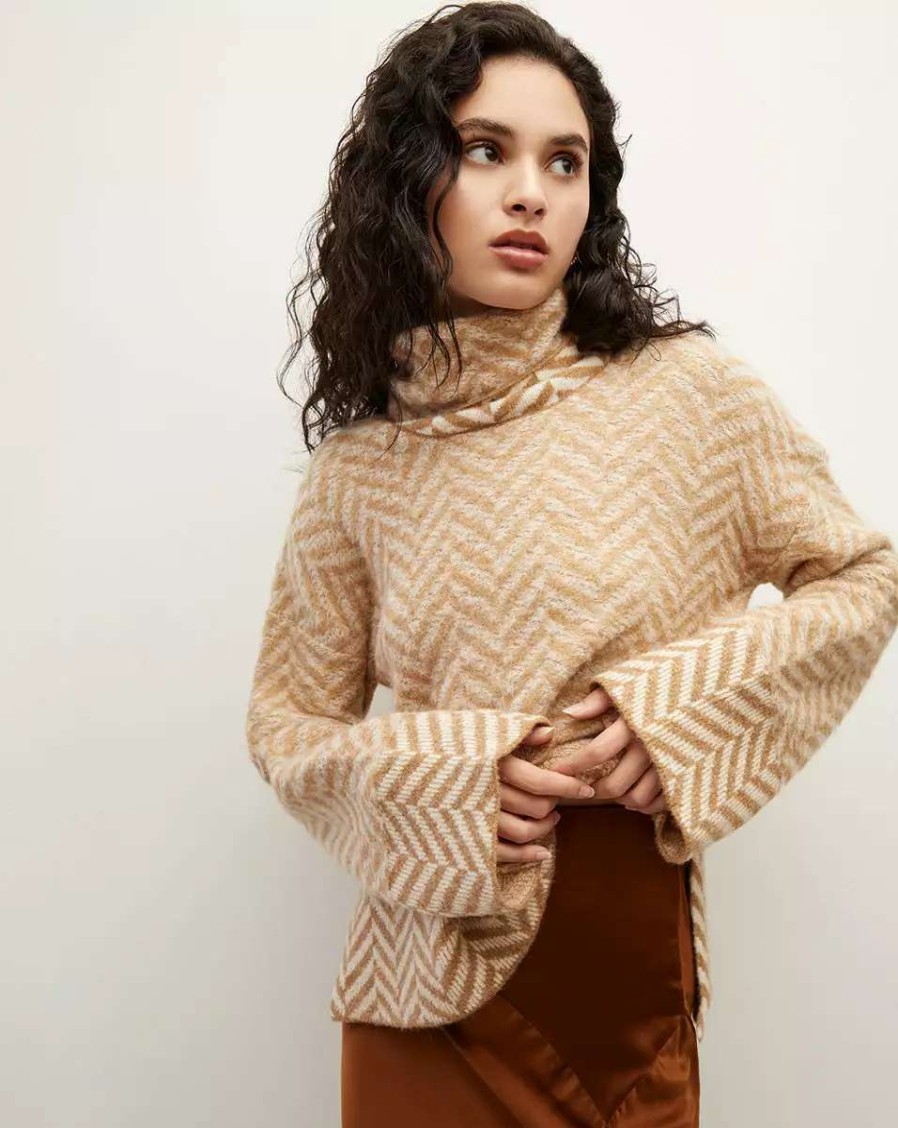 Clothing * | Veronica Beard Bolina Herringbone Knit Sweater Camel