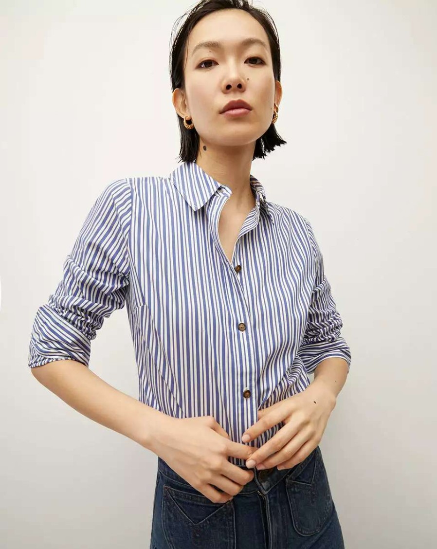 Clothing * | Veronica Beard Libby Striped Poplin Button-Down Shirt Classic Blue/Off-White