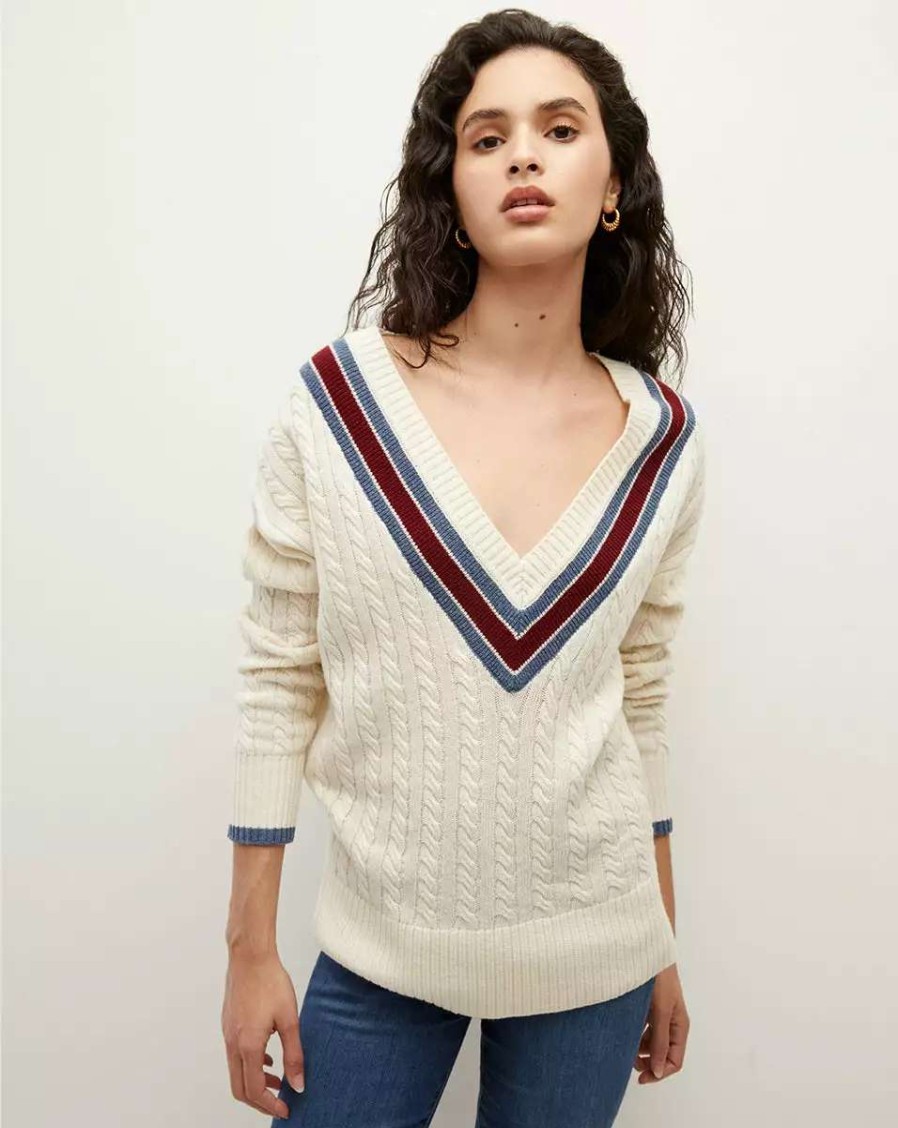 Clothing * | Veronica Beard Sibley Cable-Knit Sweater Ivory Multi