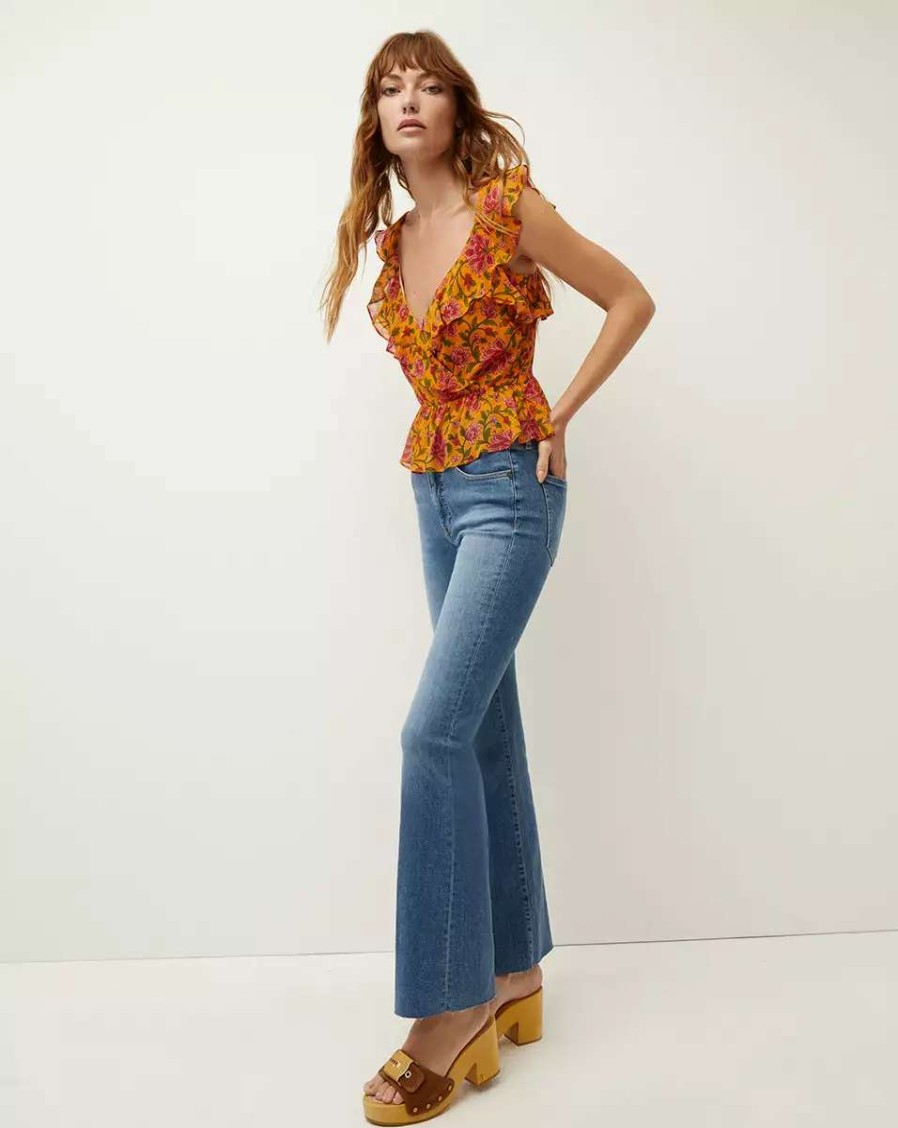 Clothing * | Veronica Beard Randa Floral-Silk Top Hot Orange Multi