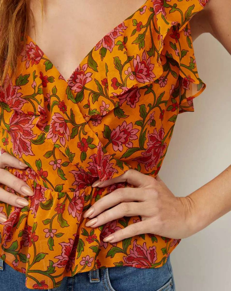 Clothing * | Veronica Beard Randa Floral-Silk Top Hot Orange Multi