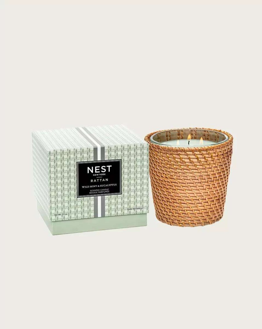 Home & Accessories * | Veronica Beard Wild Mint & Eucalyptus 3-Wick Candle | Rattan Sleeve Green