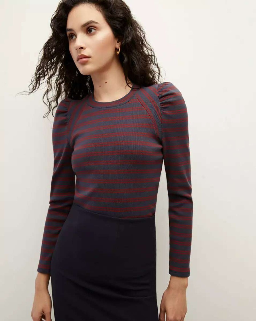 Clothing * | Veronica Beard Delano Puff-Sleeve Top Navy/Syrah