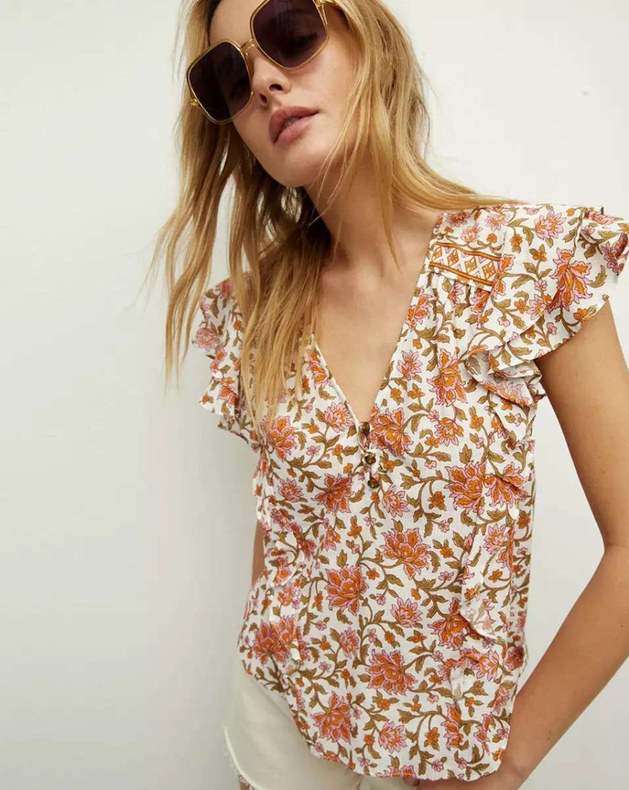 Clothing * | Veronica Beard Joi Floral Block-Print Top Off-White Multi