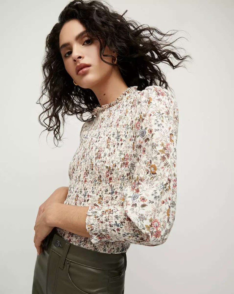 Clothing * | Veronica Beard Kali Smocked Floral Top Ecru Multi