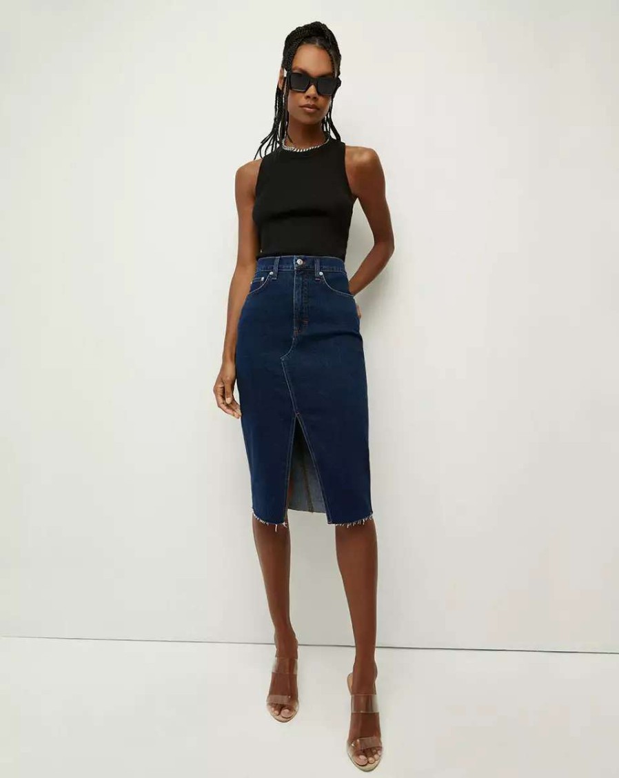 Clothing * | Veronica Beard Breves Denim Midi Skirt Washed Oxford