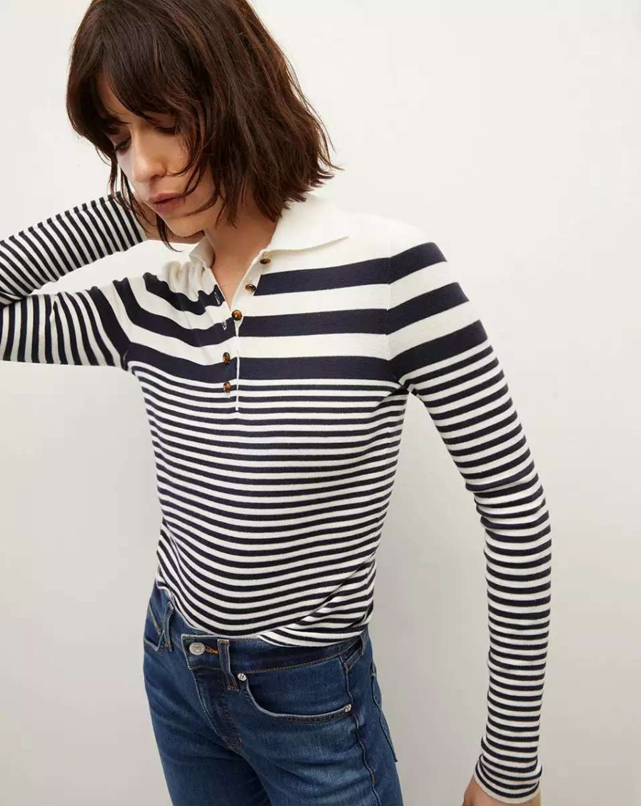 Clothing * | Veronica Beard Raj Striped Polo Top Ivory/Navy