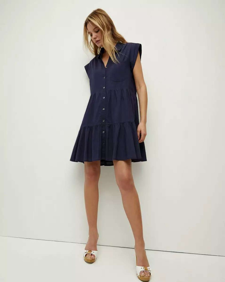 Clothing * | Veronica Beard Trisha Cotton Shirtdress Marine