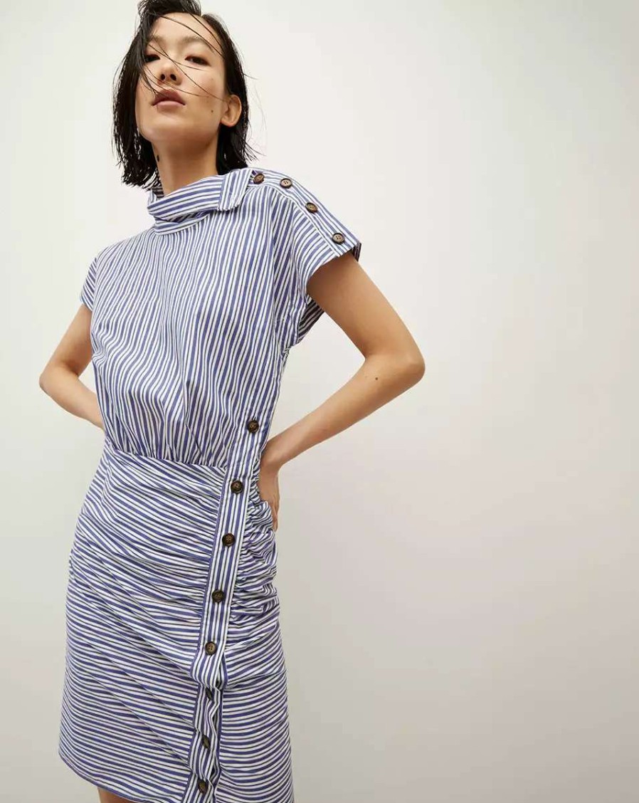 Clothing * | Veronica Beard Arabel Striped Poplin Asymmetrical Dress Classic Blue/Off-White