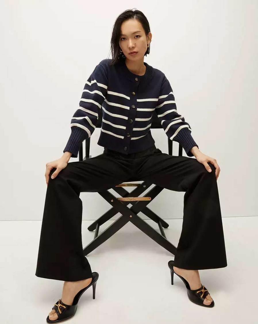 Clothing * | Veronica Beard Kylin Striped Cardigan Navy/Ecru