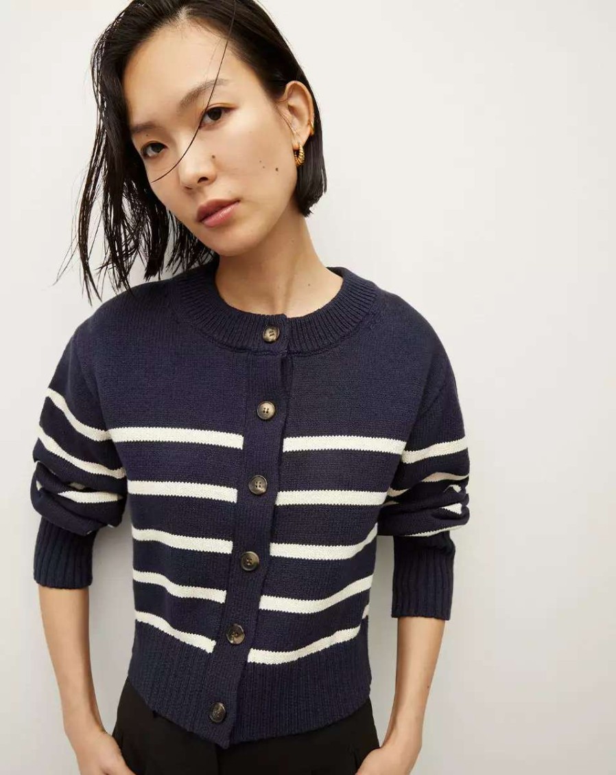 Clothing * | Veronica Beard Kylin Striped Cardigan Navy/Ecru