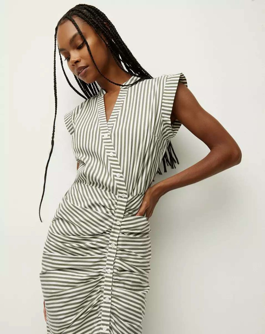 Clothing * | Veronica Beard Ruched Shirtdress Bright Army/White