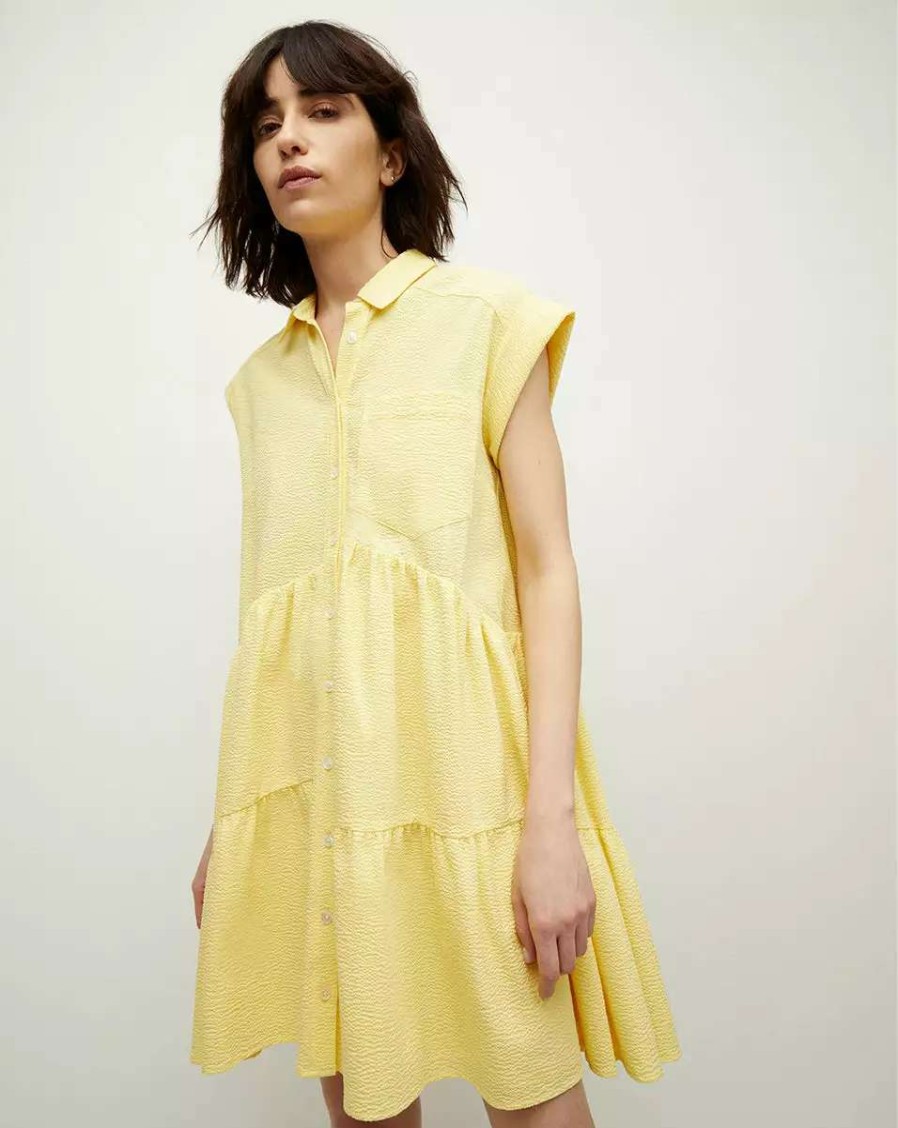 Clothing * | Veronica Beard Harrow Tiered Dress Pale Yellow