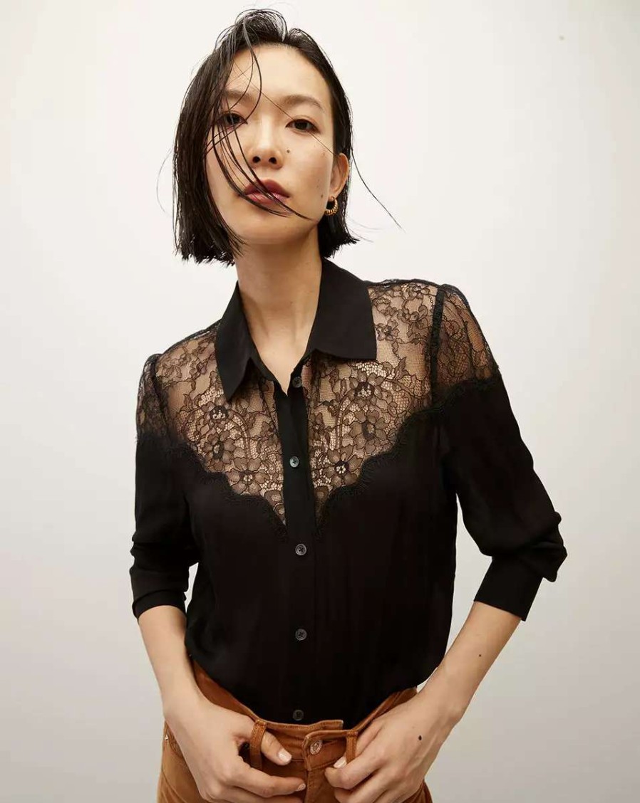 Clothing * | Veronica Beard Greer Lace Button-Down Top Black