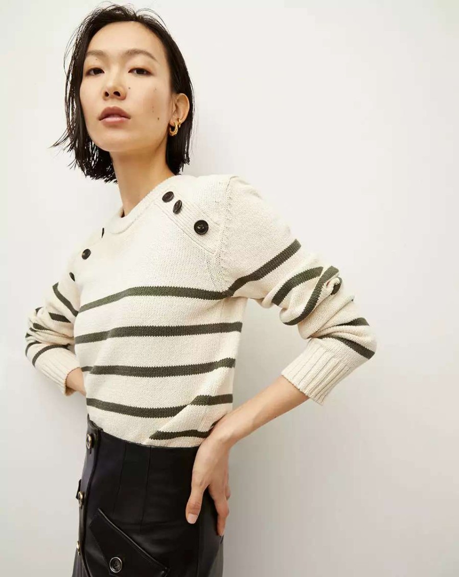 Clothing * | Veronica Beard Virke Striped Sweater Ecru/Loden