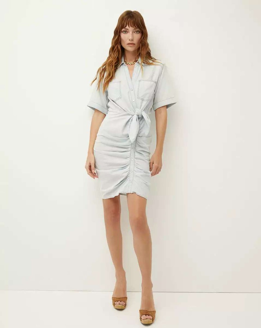 Clothing * | Veronica Beard Hensley Ruched Chambray Dress Glacier Ice