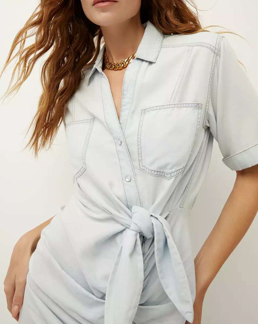 Clothing * | Veronica Beard Hensley Ruched Chambray Dress Glacier Ice